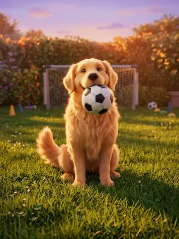 En golden retriever med en fodbold i munden